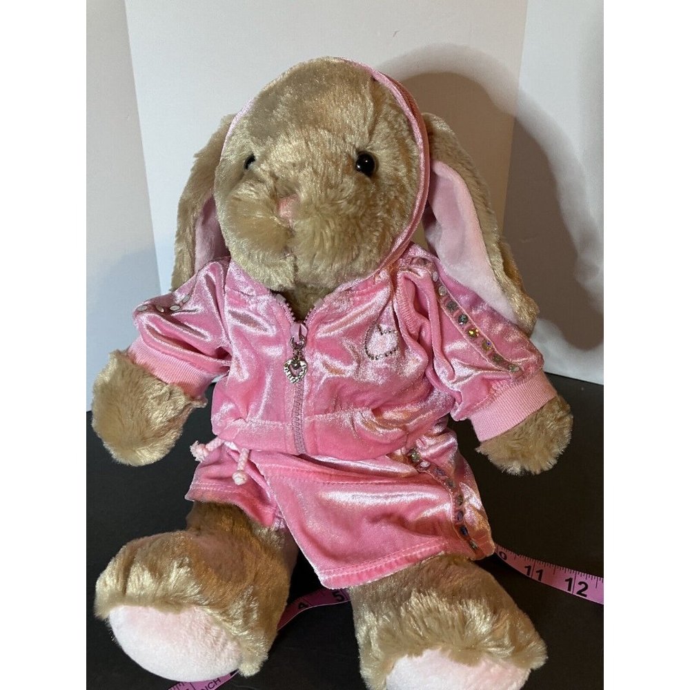 Build-A-Bear Tan Bunny Floppy Ears w/Pink Velvet  Rhinestone Hoodie Skirt Outfit